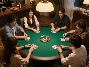 manclub players enjoying a friendly poker game scene with cards and chips on a round table