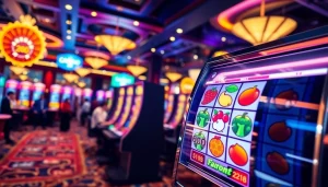 Erleben Sie casino online spiele in einem lebendigen Casino-Setting mit Slotmaschinen und glücklichen Spielern.