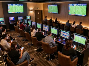 Cakhiatv sports betting enthusiasts analyzing live match odds in a vibrant lounge.