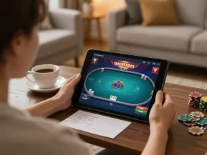 Engaging gameplay at J188 online poker in a cozy home setting, emphasizing strategic betting.