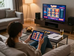 Engaging with tg88 online casino on a tablet while enjoying a cozy home setting.