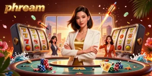 Win big with phdream at an immersive casino scene featuring a powerful Asian woman holding cards.
