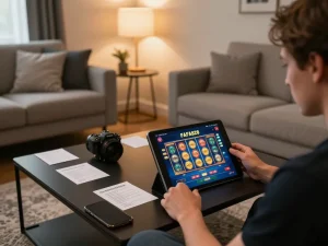 Person enjoying online gaming at FAFA828 on tablet with strategic notes beside
