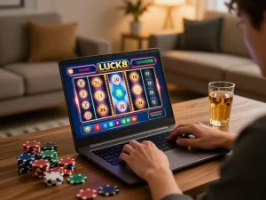 Engaging gameplay on LUCK8 online casino with vibrant slot machines displayed on the laptop