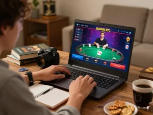 Engaged player using rokok 88 online casino app on laptop, cozy home setting.