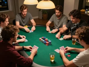 Engaged players in a home poker game showcasing strategy and fun with Nhà cái Bet88.