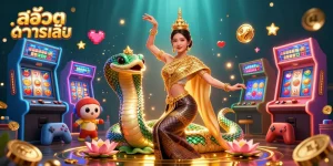 Engage in สล็อตทดลองเล่น with vibrant casino elements and Asian culture in this dynamic illustration.