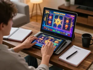 Person engaging with the alexis77 slot game on a tablet, surrounded by strategy notebooks in a cozy room