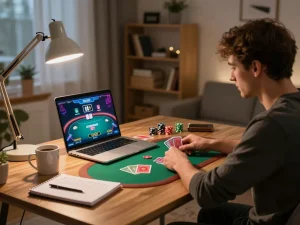 Player enjoying an online poker game at home using 678vip with strategies on display