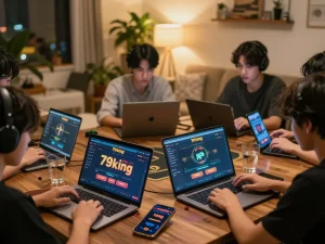 Players enjoying gameplay at Nhà cái 79king's online casino, showcasing engaging interface on laptops.