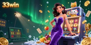 Play slots and win big with 33win's engaging jackpot in 3D casino illustration.