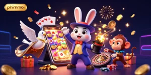 Engage with phimmoi's magical scene featuring a magician rabbit, dove, and monkey amid vibrant casino elements.