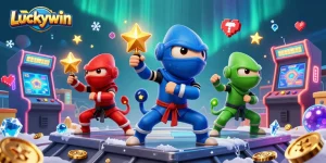 Join the thrilling action at Luckywin with a dynamic 3D gaming scene featuring ninja chameleons.