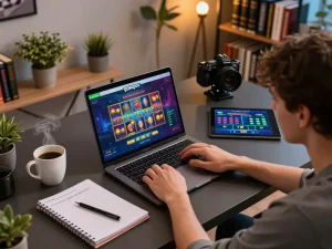 Engage with gojekpot by strategizing online slots in a cozy home gaming setup, featuring betting notes and modern tech.