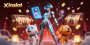 Immerse yourself in the xinslot experience, featuring a futuristic woman and a robot dog amidst dynamic casino elements.