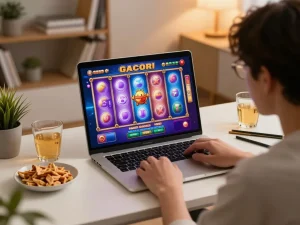 Engaging online slot gacor gaming session at home with colorful reels spinning on screen.