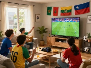 Football fans enjoying live matches on https://luongson117.tv/ in a vibrant, lively atmosphere.