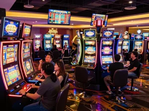 Players enjoying thrilling slot gacor games at a vibrant casino floor with colorful lights