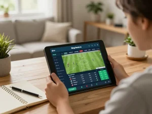 Bóng đá lu sports betting interface on tablet in a cozy home environment, showcasing live odds and strategies.