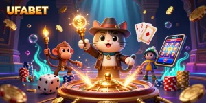Spin to win at UFABET with an adventurous cat and monkey uncovering casino treasures!