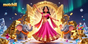 Engage with motchill's vibrant 3D casino illustration showcasing dynamic characters and golden treasures.
