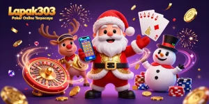Experience thrilling gameplay with Lapak303 Poker Online Terpercaya, showcasing festive characters and rich casino elements.