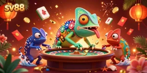 Winning big with sv88 at an exciting casino scene featuring a chameleon owner.