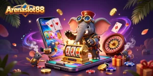 Arenaslot88 presents an exciting scene with a steampunk elephant operating a golden slot machine with vibrant gaming elements.