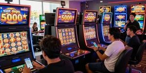 Exciting scene of players engaging with slot depo 5000 games in a vibrant casino, showcasing digital slots and QR code deposits.