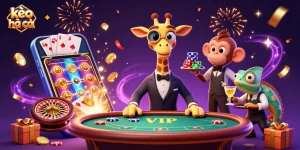Engage with the vibrant kèo nhà cái scene featuring a high-roller giraffe, dynamic gaming elements, and festive effects.