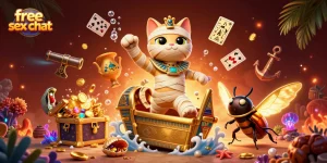 Engage in thrilling free sex chat with an animated Egyptian mummy cat and glowing scarab beetle.