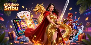 Experience the thrill of slot depo 5ribu with vibrant 3D illustration showcasing spinning reels and golden coins.