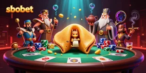Sbobet transforms luck into fortune with a golden cookie scene filled with poker excitement and Asian decorations.