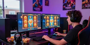 Dynamic gaming scene with slot deposit 1k gameplay, showcasing an engaged player at dual-screen setup.