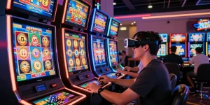 The thrilling slot gaming experience in a vibrant online casino setting with colorful slot machines and joyous players.