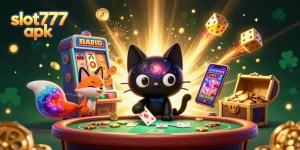 Engage in the excitement of slot777 apk at a cosmic casino with vibrant characters and dynamic slot elements.