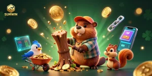 SUNWIN beaver character activates a golden casino jackpot experience with coins showering in a vibrant 3D casino scene.