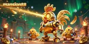 Engage with mansion88's thrilling arena featuring a golden rooster robot, and baby chick drones in an electrifying gambling scene.