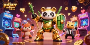 Jouez au poker en ligne en France avec des robots animés et des éléments de jeu colorés pour une expérience immersive.