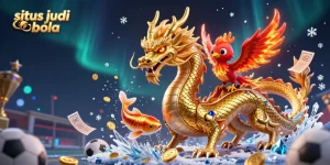 Situs judi bola showcases an epic scene with a golden dragon, phoenix, and koi fish bet dynamically on sports.