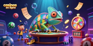 Découvrez l'univers des casinos en ligne avec ce caméléon extravagant à double regard et ses jeux colorés.