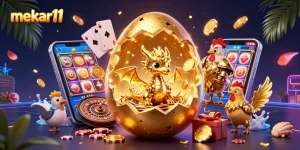 Mekar11 showcases thrilling slot gaming with a golden dragon and poker chips in a vibrant casino scene.