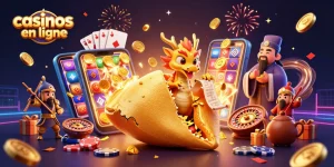Une illustration animée captivante de jeux d'argent sur le thème des casinos en ligne, avec un cookie d'or et un dragon.