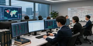 Data analyst focusing on financial crime intelligence in a modern operations room with high-tech displays and analytical tools.