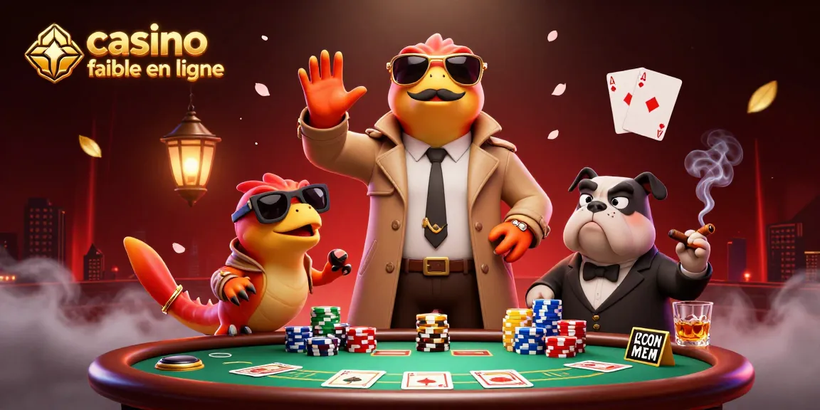 Les raptors déguisés en humain tentent d'entrer dans le casino fiable en ligne, entourés de jetons et cartes.