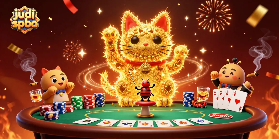 Experience judi bola spbo with a vibrant scene of a lucky cat and poker elements.