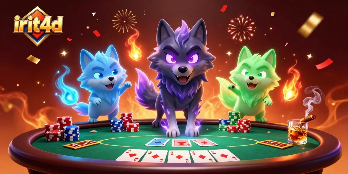 Engage with irit4d's thrilling poker scene featuring ghostly wolves and vibrant chips.