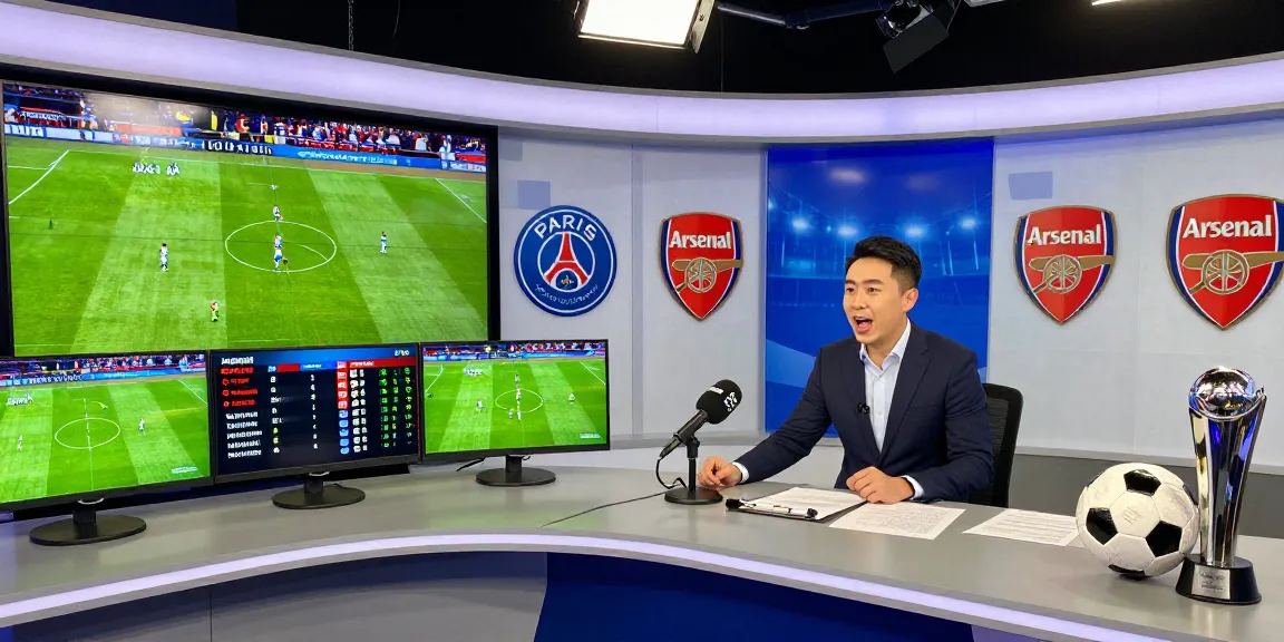 Sports analyst in a vibrant studio discussing koora tv match highlights and statistics.