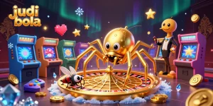 Experience thrilling judi bola action with a golden spider and centipede croupier in a dynamic casino scene.