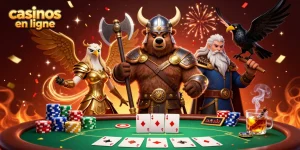 Découvrez les casinos en ligne avec une illustration animée de personnages vikings et jeux de poker.